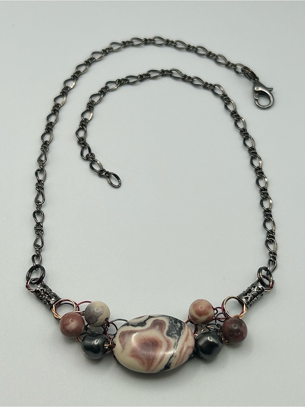 Handmade Pink & Gray Gemstone Wire Wrapped Necklace - Beaded, Silver Tone Chain
